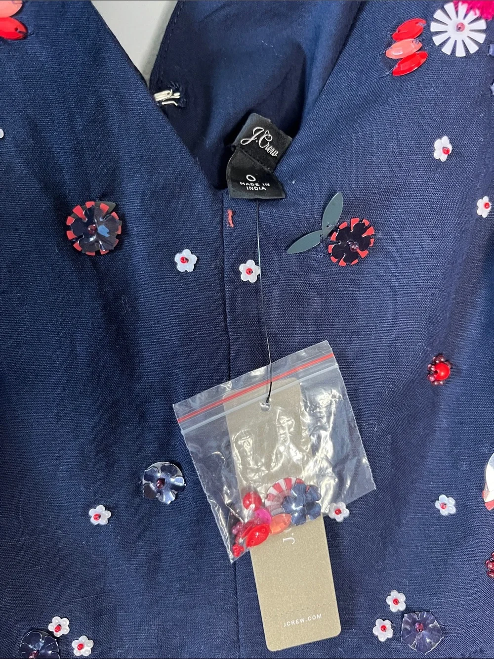 NWT J. crew navy blue embellished beaded floral peplum top zip close V-neck